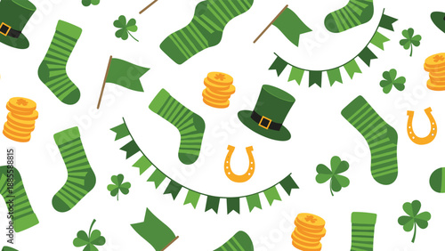 Fun seamless pattern for St. Patrick's Day includes icons of green hats, striped socks, gold coins, shamrocks, and horseshoes.
