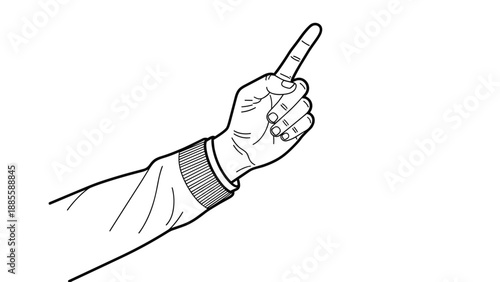 Simple line art drawing shows a human hand with the index finger pointing upwards as a gesture of attention, counting, or direction.
