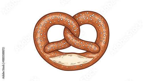 Detailed hand-drawn illustration captures a freshly baked traditional pretzel with coarse salt crystals scattered over its golden crust.