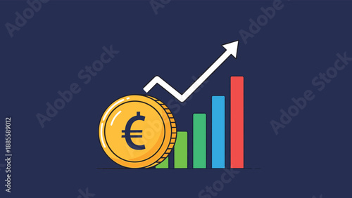 Financial growth concept featuring a large golden euro coin and an upward trending bar chart with a white arrow.