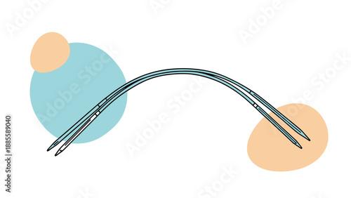 Detailed illustration of a pair of professional circular knitting needles with a flexible cable against colorful abstract shapes.