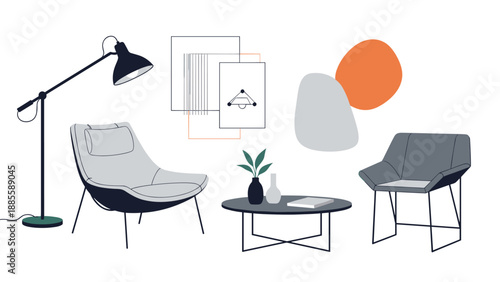 Stylish modern interior design concept featuring a lounge chair an armchair a floor lamp and a coffee table in a flat style.