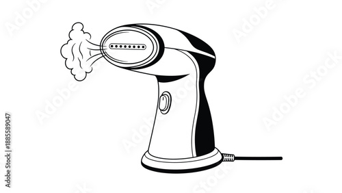 Detailed black and white line art illustration of a handheld garment steamer emitting steam for clothing care.