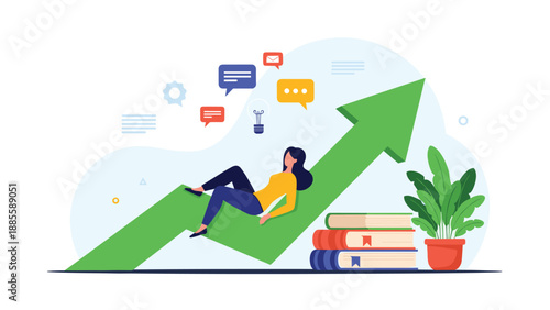 Business growth and education concept illustration with a woman resting on a large rising green arrow near a stack of books.