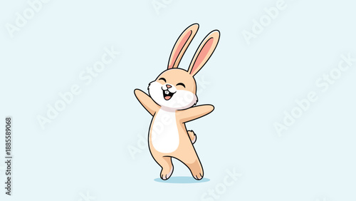Joyful illustration of a cute little bunny rabbit jumping happily with arms open wide on a light blue background.