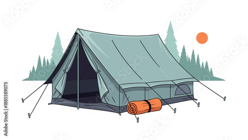 Outdoor adventure illustration showing a large green camping tent in a pine forest setting under a warm setting sun.