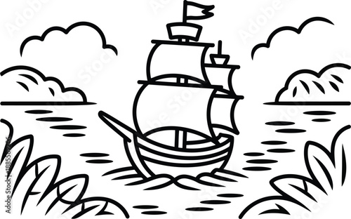 Historical sailing ship navigating ocean waters with clouds and distant land