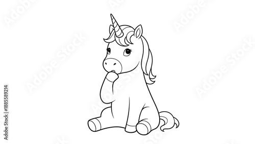 Adorable baby unicorn sitting peacefully with a pensive expression in a clean black and white line art drawing for kids coloring.