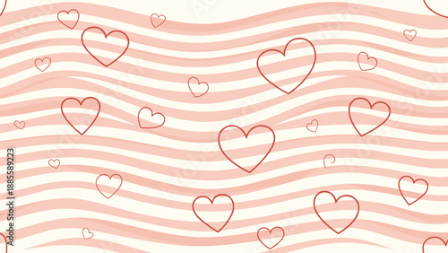 Romantic seamless pattern featuring delicate red heart outlines floating over soft pink and white wavy lines for a sweet love theme.