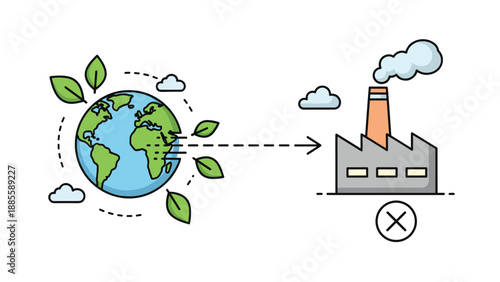 Conceptual illustration showing the transition from a green healthy Earth with leaves to a polluting industrial factory building.