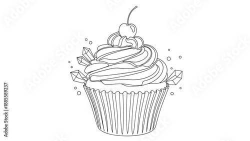 Fantasy cupcake illustration topped with thick swirling frosting, a single cherry, and decorative magic crystals in black and white.