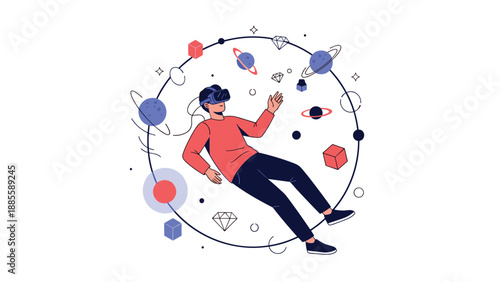 Modern man wearing virtual reality goggles floating in a cosmic circle surrounded by planets and geometric shapes for tech concepts.