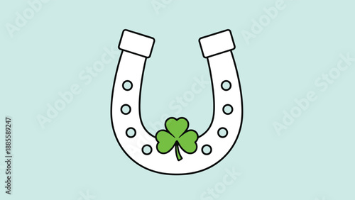 Lucky horseshoe illustration decorated with a bright green three-leaf clover symbol for good fortune and Saint Patricks Day themes.