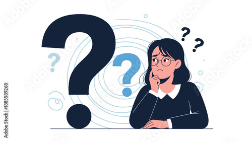 Pensive woman resting her chin on her hand while surrounded by various question marks and swirling thoughts in a flat illustration.