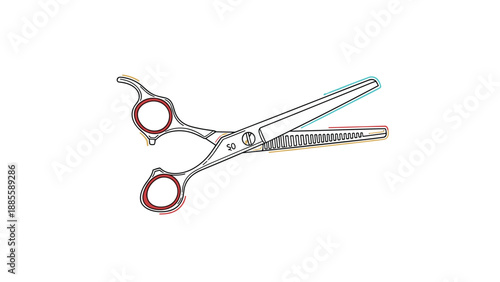 Professional hair thinning scissors with red handle rings and colorful accent lines illustrated on a clean white background.