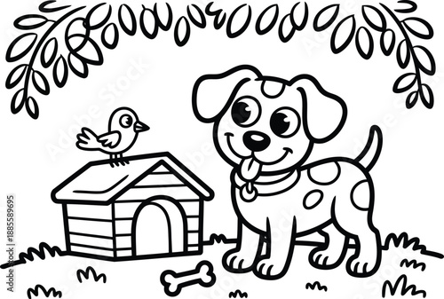 Playful cartoon puppy dog smiles with tongue out beside its doghouse and a small bird