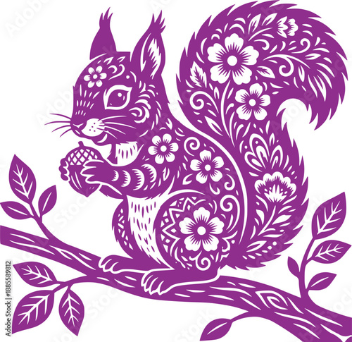 Decorative silhouette of a cute squirrel eating nuts on a tree branch