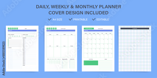 Daily weekly monthly planner printable template set. Grid design with colourful stripes, habit and mood tracker, priorities, to-do lists and planner cover, perfect for scheduling and productivity.
