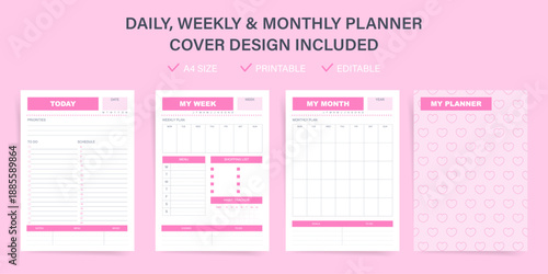 Daily weekly monthly planner template vector set. Cute pink heart pattern cover design. Ideal for personal organizer, printable journal, editable notebook, schedule, goals.