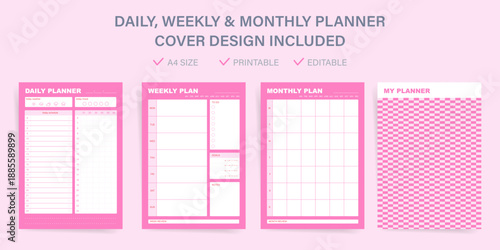 Pink zigzag themed planner kit. Vector templates. For day, week, month planning. Cute cover design for tablet or print. Editable organizer pages. mood tracker, goals planner, weekly review.