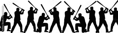 Aggressive mob silhouettes holding bats symbolizing violence, conflict, riot, crime, intimidation, street fight, gang attack, danger, aggression, social unrest 