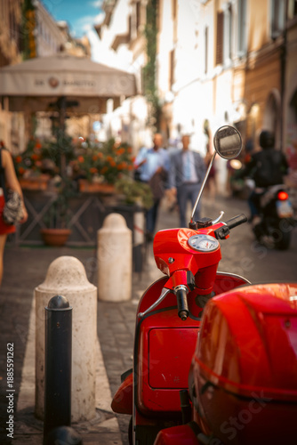 Photography Red scooter parked on a vibrant street in a bustling city, capturing the essence of urban life