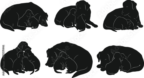 Silhouette vector illustration of dog and puppy in affectionate poses showing love, care, family bond, friendship, loyalty, and companionship