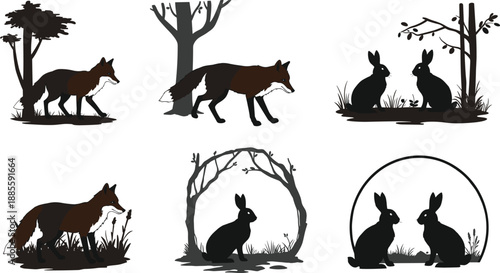 Silhouette vector illustration of foxes and rabbits in natural woodland scenes with trees, grass, and decorative wildlife design elements