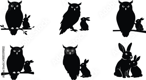 Silhouette vector illustration of owls and rabbits together in natural woodland scenes, wildlife animal design for decorative nature artwork collection