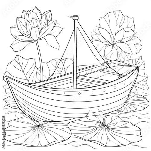 Line art of a boat on lily pads amongst lotus blossoms, rendered in grayscale
