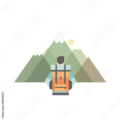 Backpacker with orange backpack hiking outdoors.