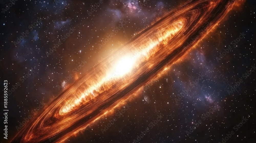 Obraz premium Stunning Cosmic Exploration of a Bright Spiral Galaxy with Vibrant Orange Hue and Twinkling Stars in the Deep Space