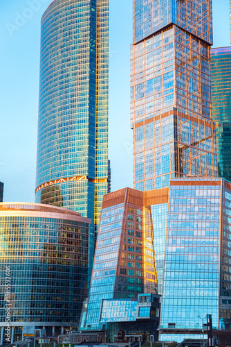 Photography Moscow City skyscrapers. Modern glass office buildings.