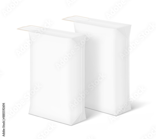 Valve paper bag mockup. Pasted valve bag mockup. High realistic. Vector illustration isolated on white background. Ready for use in presentation, promo, advertising and more. EPS10.