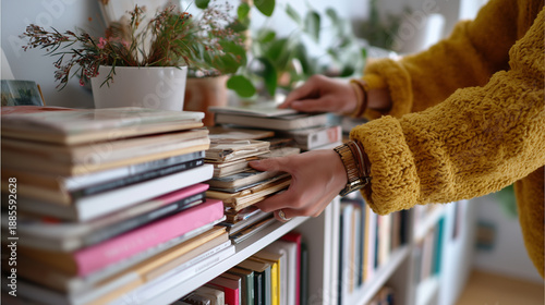 Faceless hands sorting through old books on a bookshelf, making space for new items, Spring Cleaning concept, organized and thoughtful, cozy home library feel, with copy space
