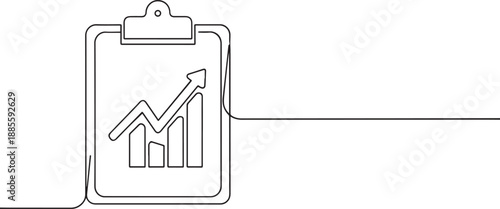 Clip board with growth graph one continuous line art, Vector illustration, One line art, Line art graphic style