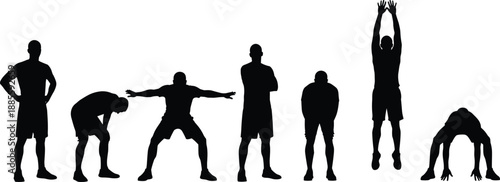 Silhouettes of individuals in varied exercise and stretching poses, illustrating physical fitness and warm-up movements