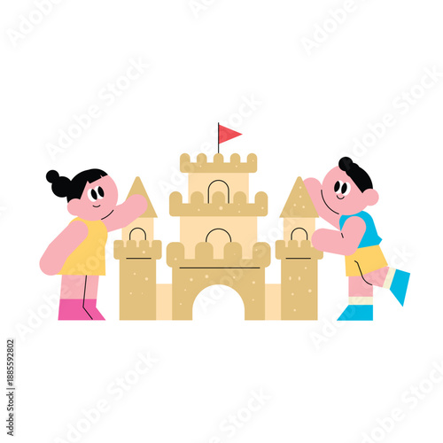 Cute kids playing with sand and building a castle on beach.