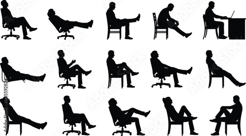 Silhouettes of seated individuals in varied relaxed and contemplative postures, illustrating ergonomic diversity and casual body language