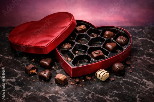 A red heart shaped box sits on a dark surface some chocolates missing while others lie scattered nearby suggesting a sense of loss