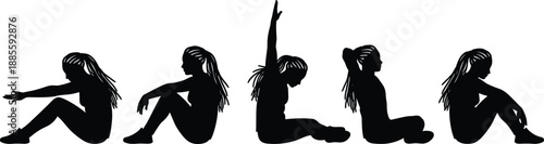 Silhouettes of seated woman in varied stretching poses, illustrating flexibility, relaxation, and physical wellness