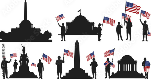 Silhouettes of American monuments with people waving USA flags, symbolizing patriotism, independence, freedom, democracy, and national pride celebration design