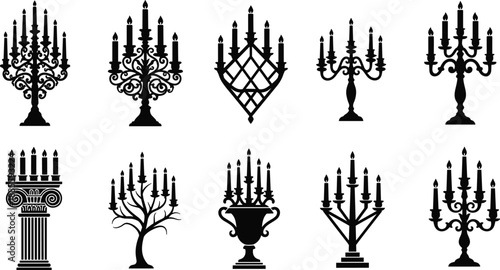 Black and white vintage candelabra silhouettes set, ornate candle holder designs, classic gothic and antique lighting icons collection for luxury decor, branding, illustration projects