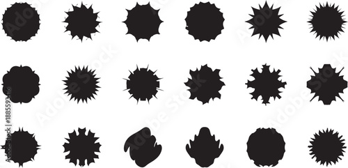 Collection of 16 black inkblot shapes isolated on transparent background