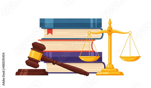 Law and justice concept flat vector illustration with gavel books and scales