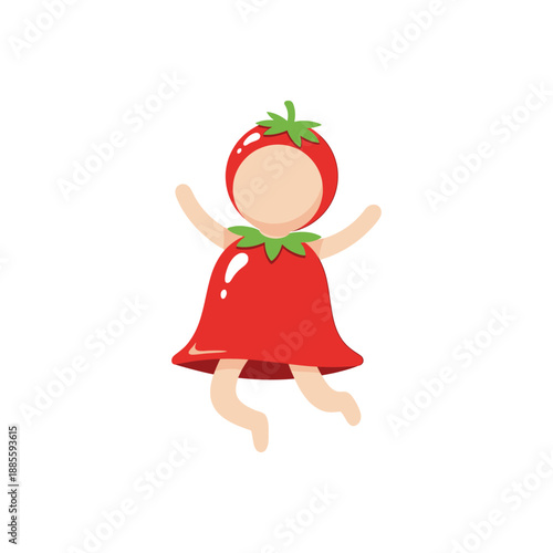 A cartoon character dressed as a strawberry with a red dress and green leaves.