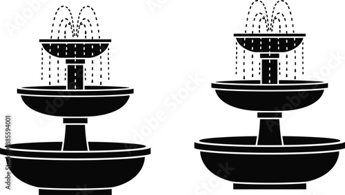 Black and white two tier water fountain silhouettes, classic garden fountain icons, minimal architectural water feature illustration set for landscaping, urban park, design projects