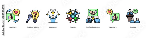 Workplace Motivation web banner vector illustration featuring Feedback, Problem Solving, Motivation, Diversity, Conflict Resolution, Feedback, and Seminar.