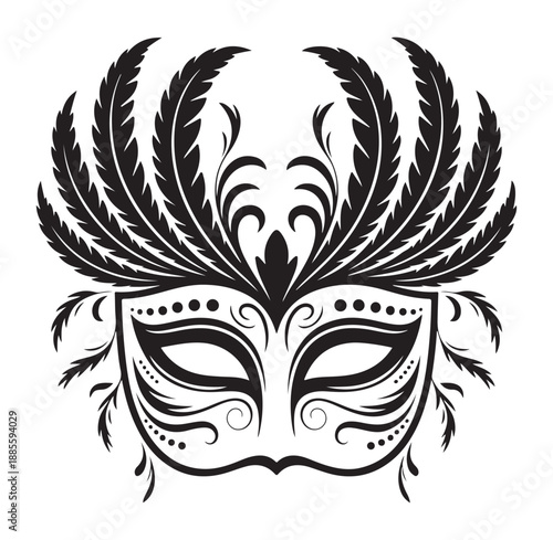 Venetian Mask with Feathers Isolated on White Background