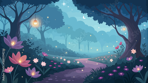 Magical forest path with glowing flowers and fireflies at night